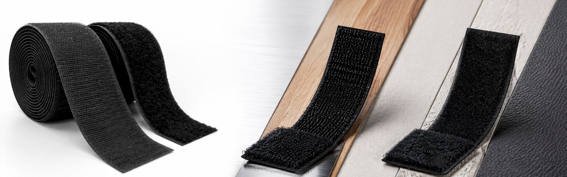 Black hook and loop tape roll and strips on various surfaces